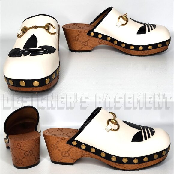 GUCCI x Adidas 38EU- 8US white Leather Trefoil logo GG platform Mule Clogs shoes - Picture 4 of 14